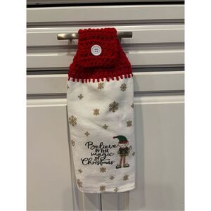 Crochet Top Kitchen Towel-Believe in magic of Christmas. Red topper